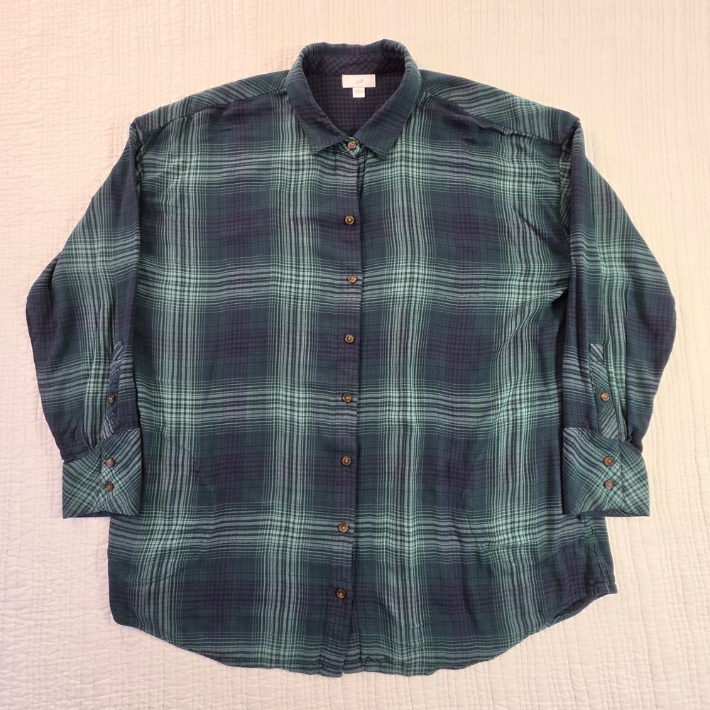 J. Jill Teal Navy Plaid Button Down Shirt Womens Large Rayon Long Sleeve Top